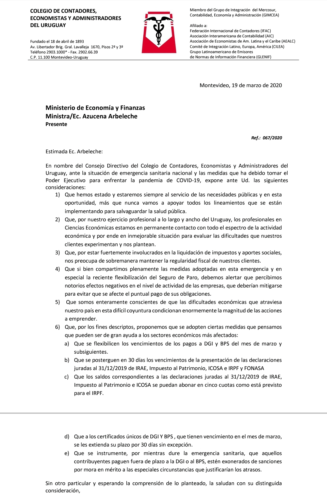 Colegio de Contadores, Economistas y Administradores del Uruguay envió carta a la Ministra Arbeleche